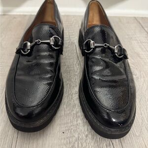 Franco Sarto Glossy Black Loafers with Metal Detail